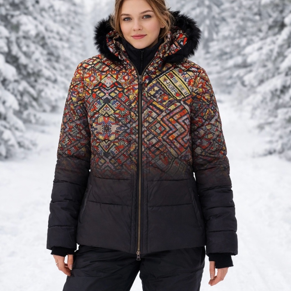 🤑 SALE Desigual Ombré Black Multi Fur trim Stained Glass Puffer Coat - Picture 3 of 14